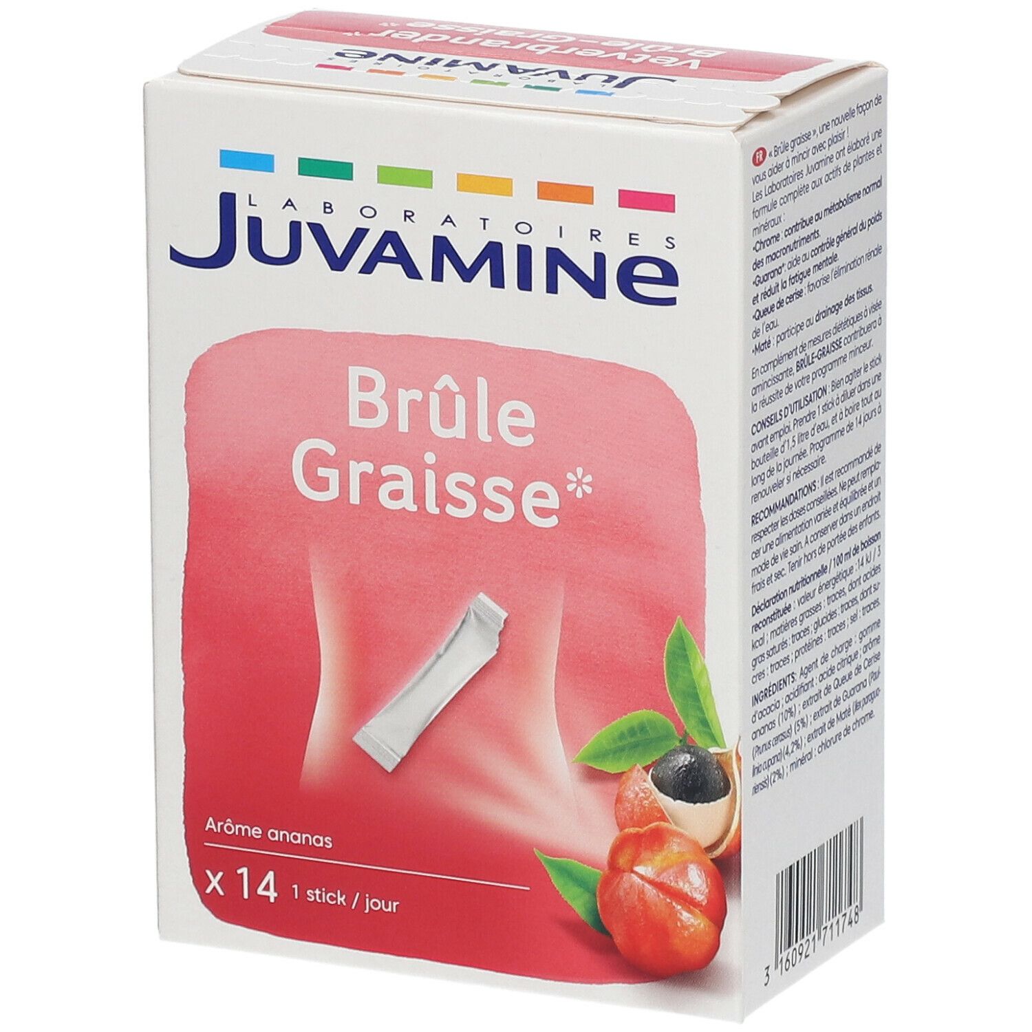 Boîte de sticks Juvamine Brûle Graisse. Inscription: Brûle Graisse, Arôme ananas, x14 sticks. Illustration: Femme sur fond rouge.