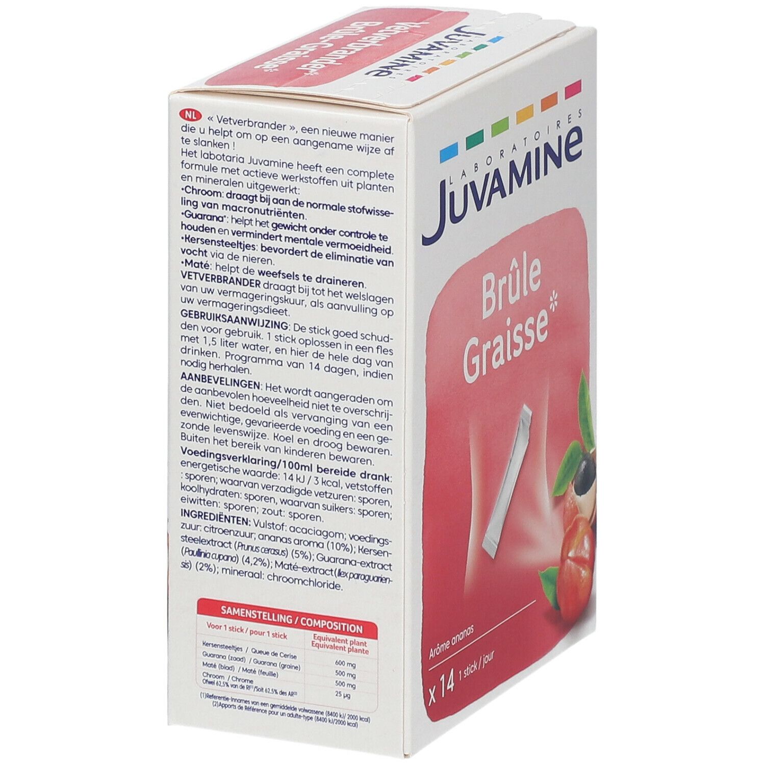 Boîte de sticks Juvamine Brûle Graisse. Texte: Brûle Graisse, x14 sticks. Sur le côté: informations produit en plusieurs langues.