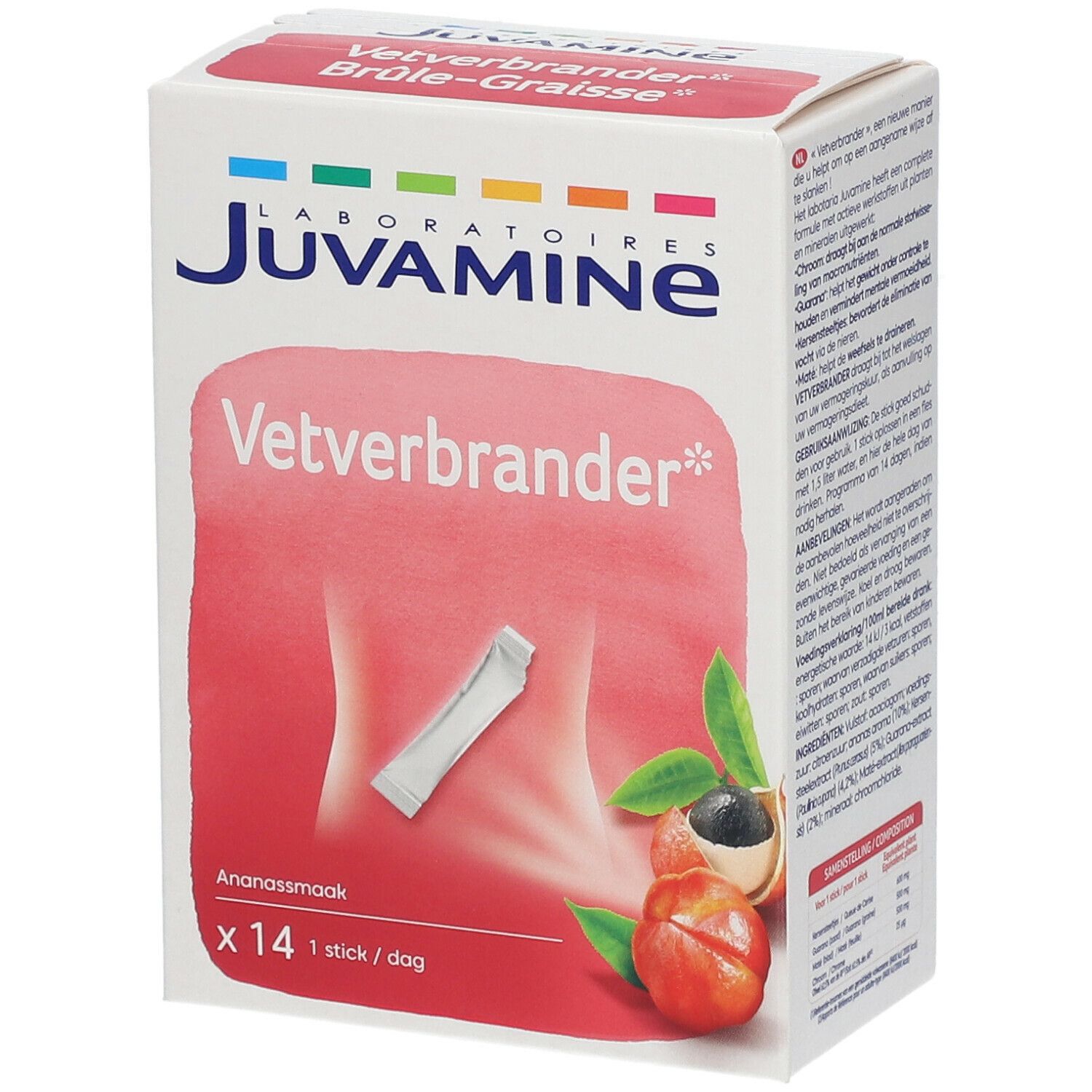 Boîte de sticks Juvamine Vetverbrander. Inscription: Vetverbrander, Brûle-Graisse, Ananassmaak, x14 sticks. Illustration: Femme sur fond rouge.