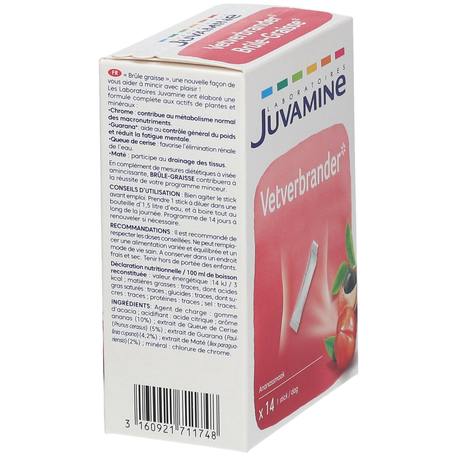 Boîte de sticks Juvamine Vetverbrander. Texte: Vetverbrander, Brûle-Graisse, Ananassmaak, x14 sticks. Sur le côté: informations produit.