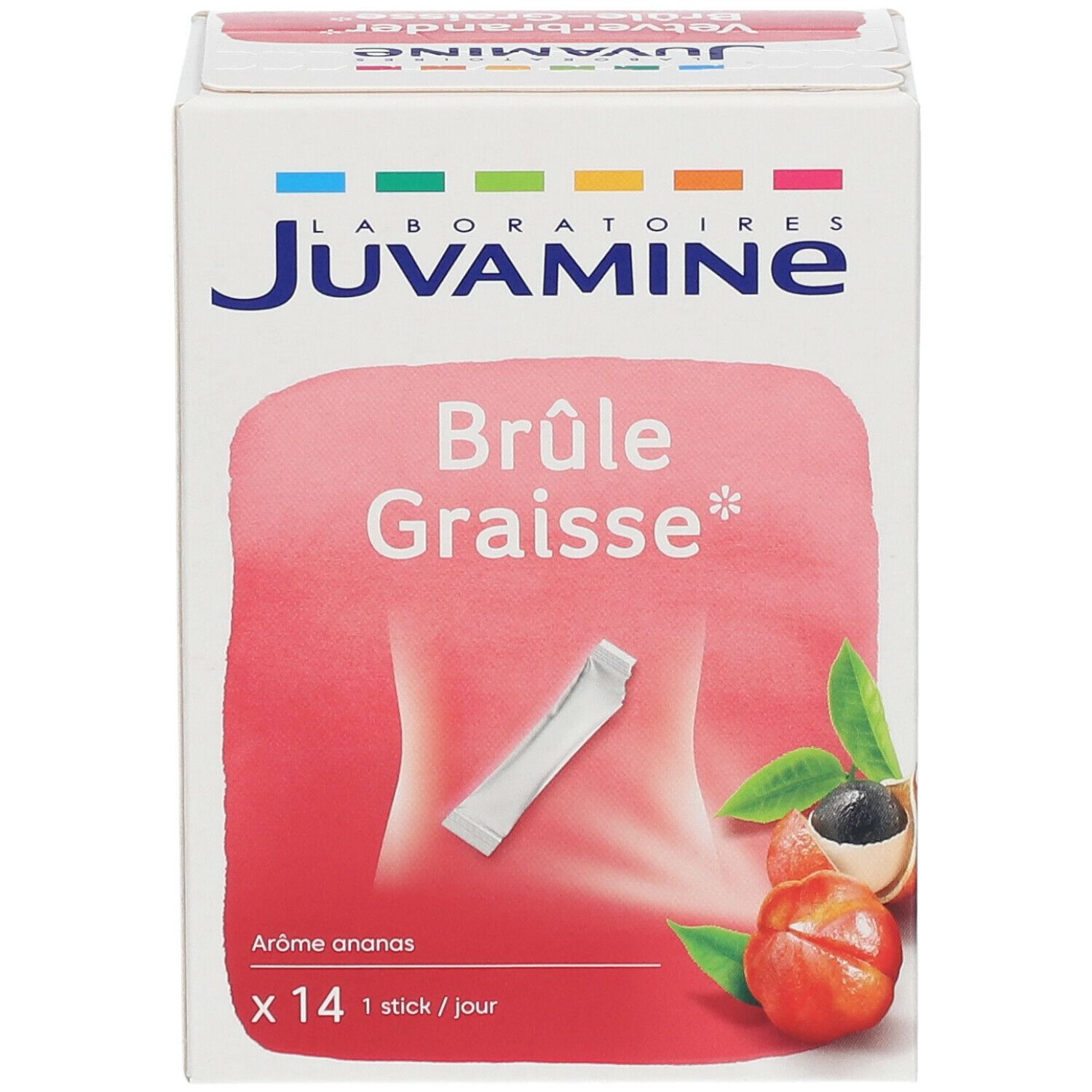Boîte de sticks Juvamine Brûle Graisse. Inscription: Brûle Graisse, Arôme ananas, x14 sticks. Illustration: Femme sur fond rouge.