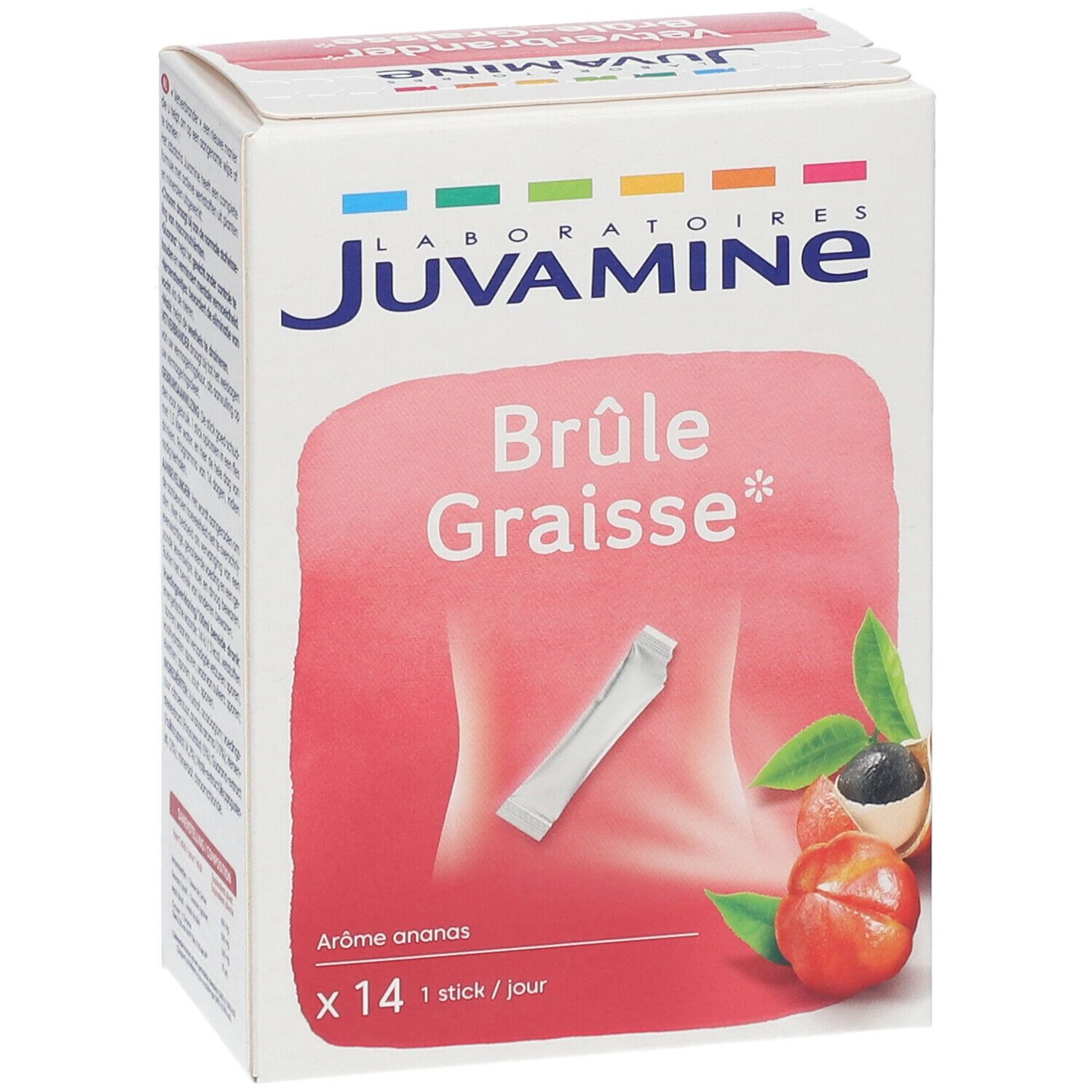 Boîte de sticks Juvamine Brûle Graisse. Inscription: Brûle Graisse, Arôme ananas, x14 sticks. Illustration: Femme sur fond rouge.