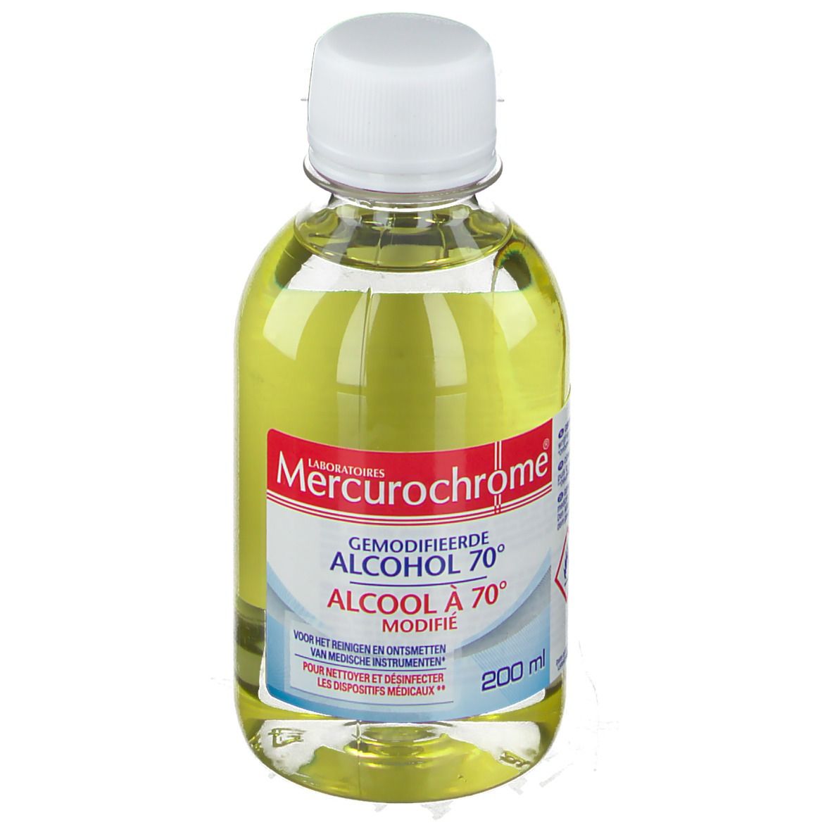 Flacon de liquide jaunâtre. Inscription: Mercurochrome Alcool 70°. Bouchon blanc. 200 ml.