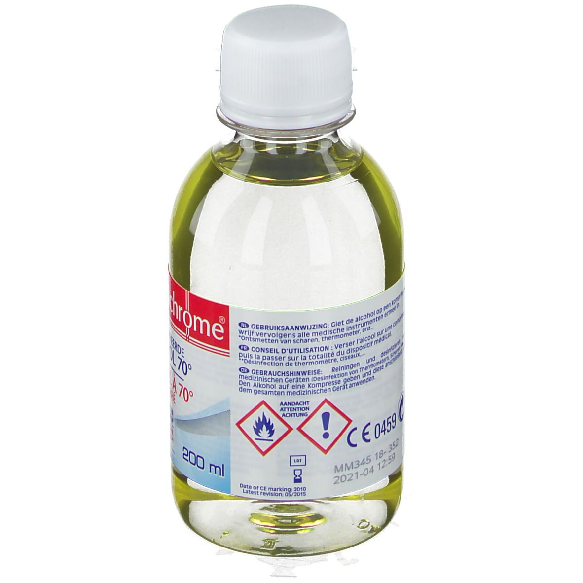 Flacon de liquide jaunâtre. Dos avec étiquette. Avertissements et mode d'emploi. Bouchon blanc.