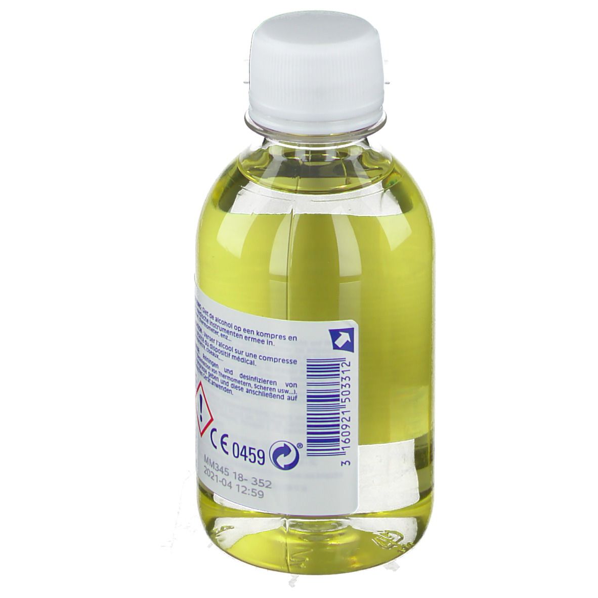 Flacon de liquide jaunâtre. Dos avec étiquette et code-barres. Bouchon blanc.