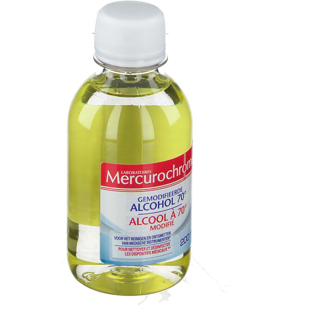 Flacon de liquide jaunâtre. Inscription: Mercurochrome Alcool 70°. Bouchon blanc. 200 ml.