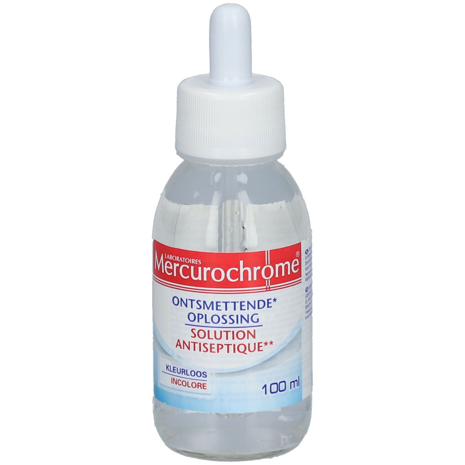 Flacon transparent avec bouchon blanc et compte-gouttes. Inscription: Mercurochrome, Solution Antiseptique, 100 ml.