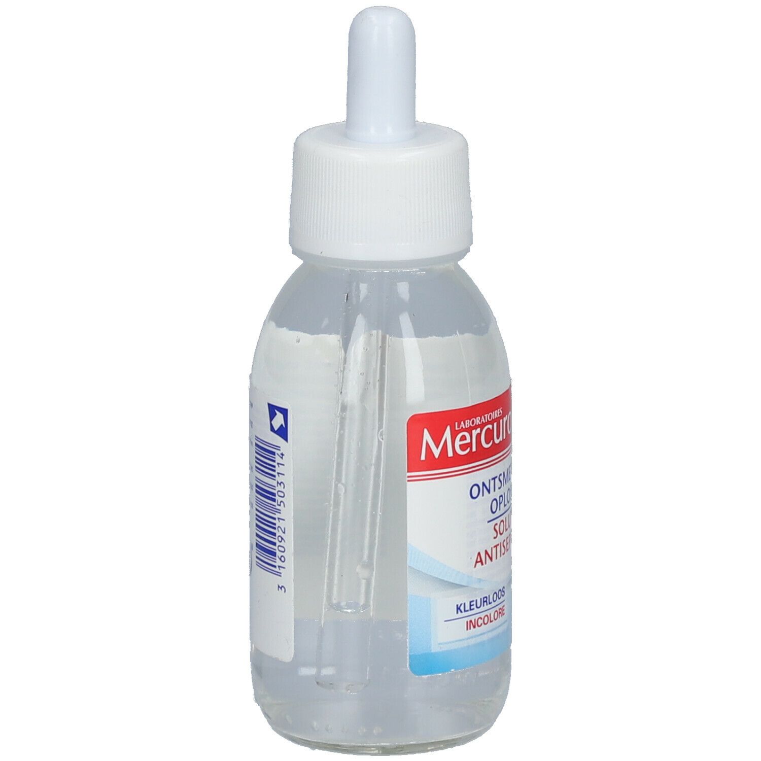 Flacon transparent avec bouchon blanc et compte-gouttes. Contient un liquide transparent. Étiquette avec texte.