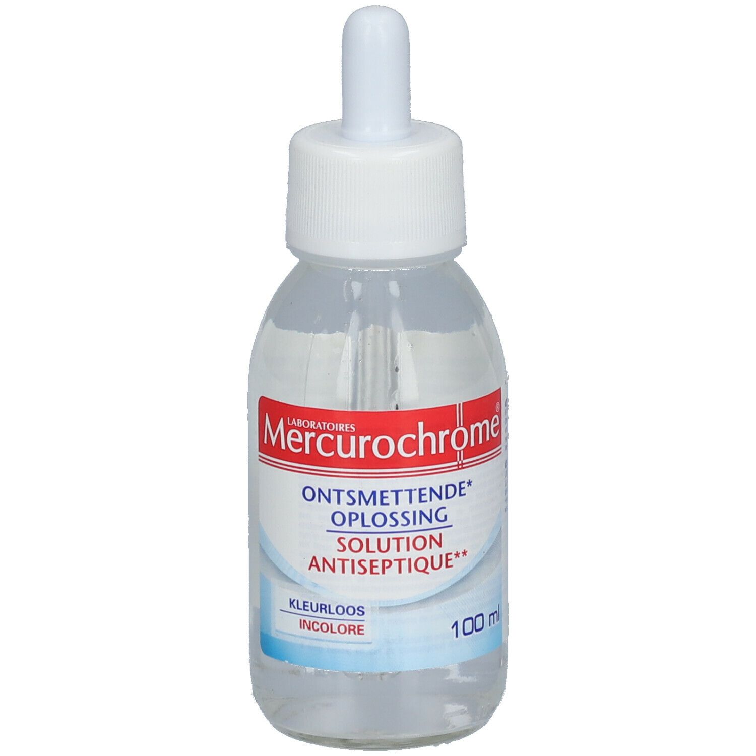 Flacon transparent avec bouchon blanc et compte-gouttes. Inscription: Mercurochrome, Solution Antiseptique, 100 ml.