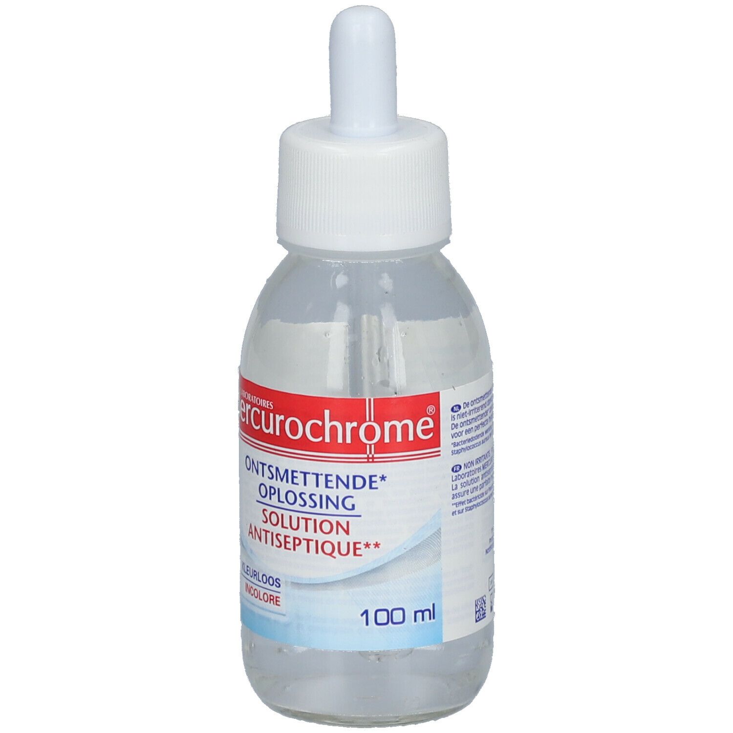 Flacon transparent avec bouchon blanc et compte-gouttes. Inscription: Mercurochrome, Solution Antiseptique, 100 ml.