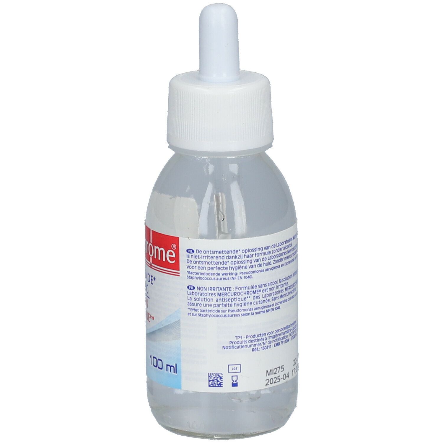Dos d'un flacon avec bouchon blanc et compte-gouttes. Étiquette avec texte et code-barres. Contient un liquide transparent.