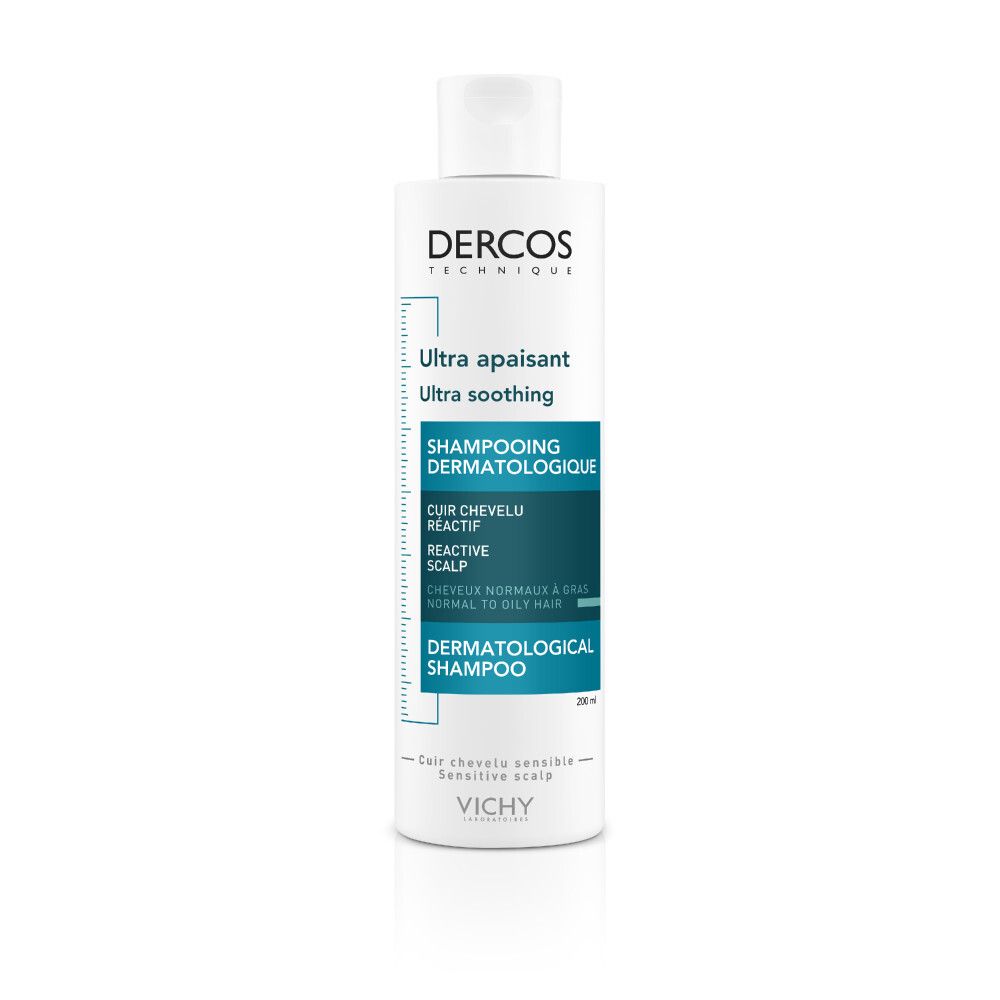 Witte fles met blauwgroen etiket. Tekst: Dercos, Ultra apaisant, Shampooing dermatologique, 200ml.