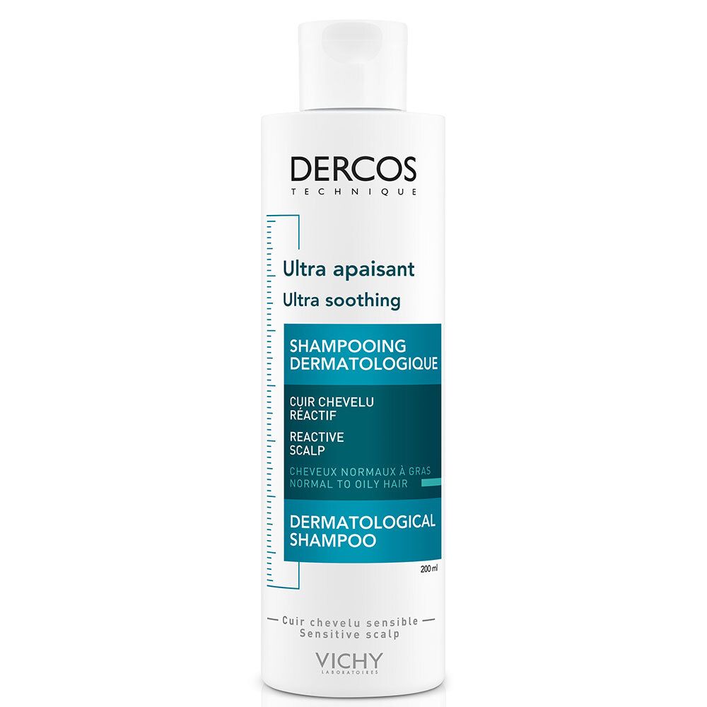Weiße Flasche mit blau-grünen Etikett. Text: Dercos, Ultra apaisant, Shampooing dermatologique, 200ml.