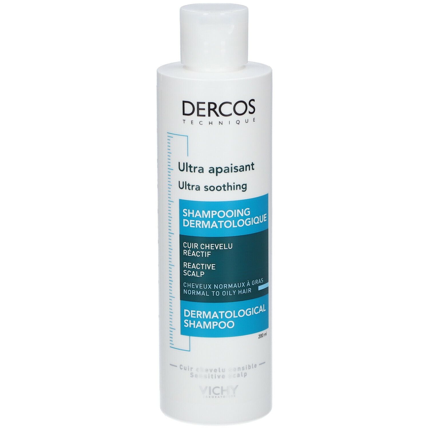 Weiße Flasche mit blau-grünen Etikett. Text: Dercos, Ultra apaisant, Shampooing dermatologique, 200ml.