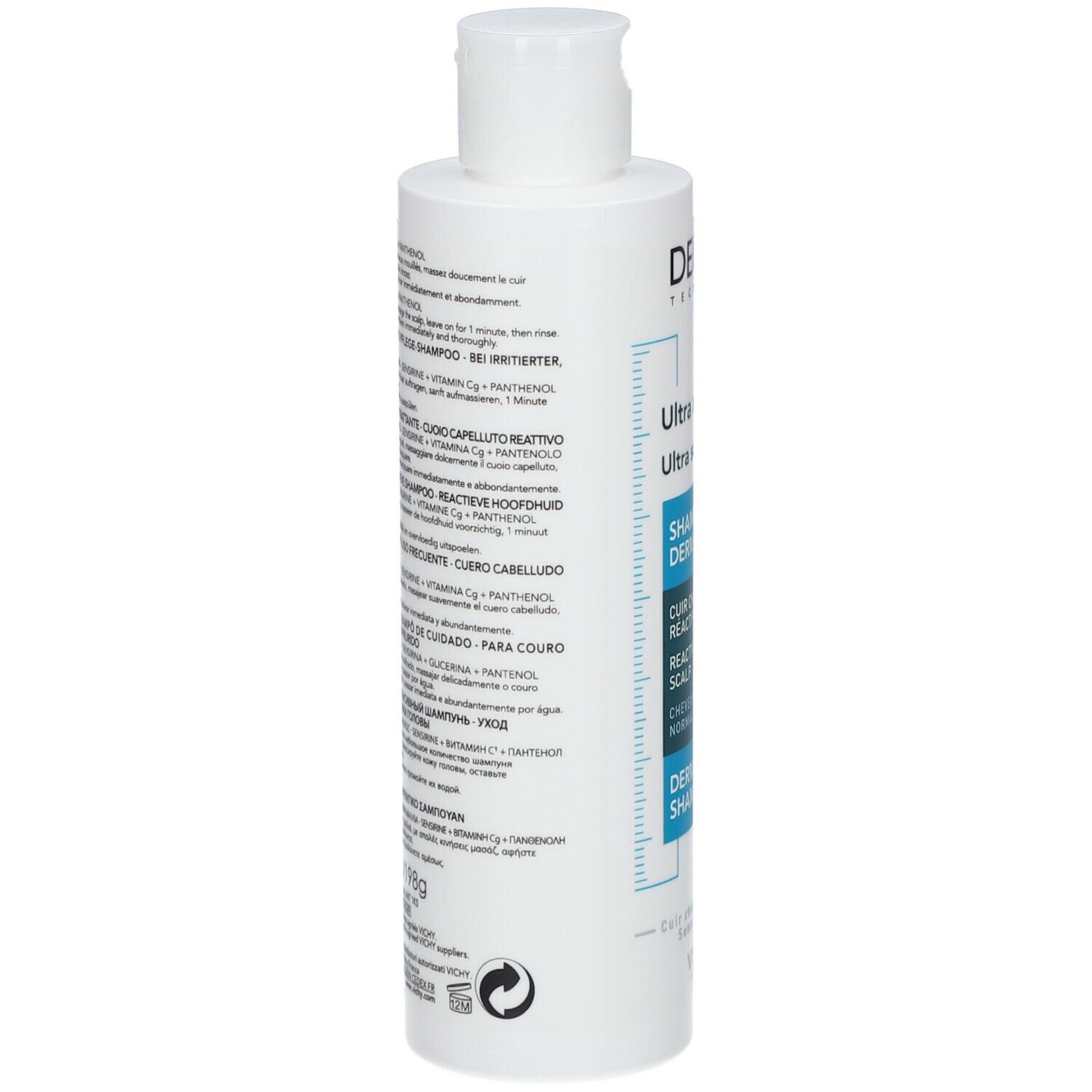 Rückseite der weißen Flasche. Text in mehreren Sprachen. Informationen zum Produkt und Hersteller.