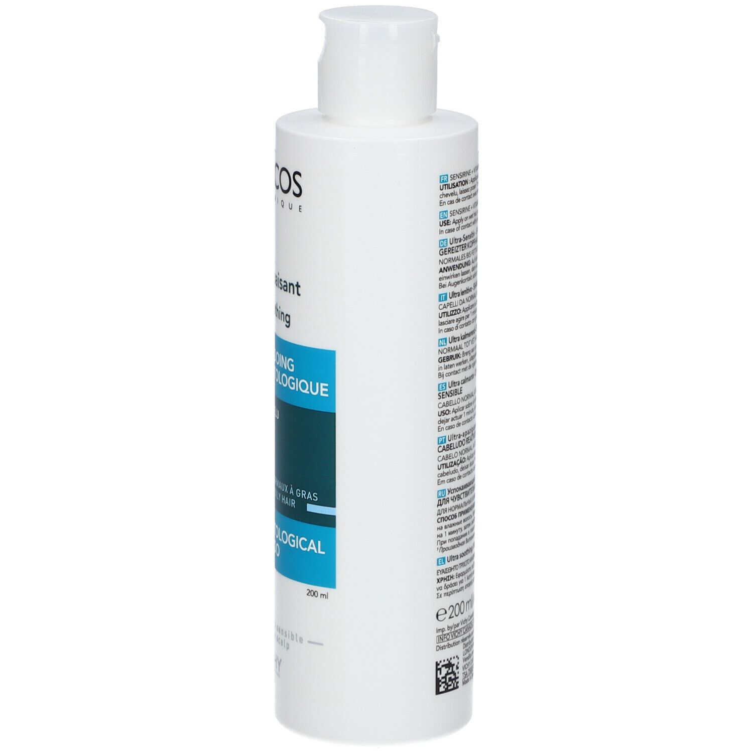 Weiße Flasche, leicht schräg. Text: Dercos, Ultra apaisant, Shampooing dermatologique, 200ml.