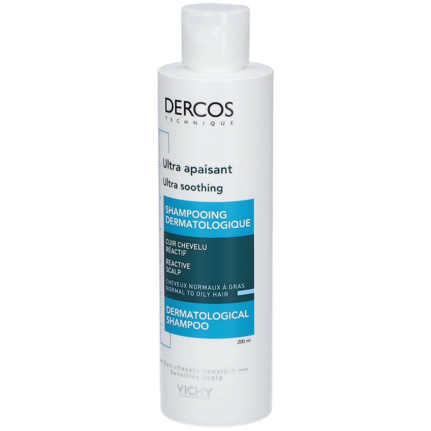 Weiße Flasche mit blau-grünen Etikett. Text: Dercos, Ultra apaisant, Shampooing dermatologique, 200ml.