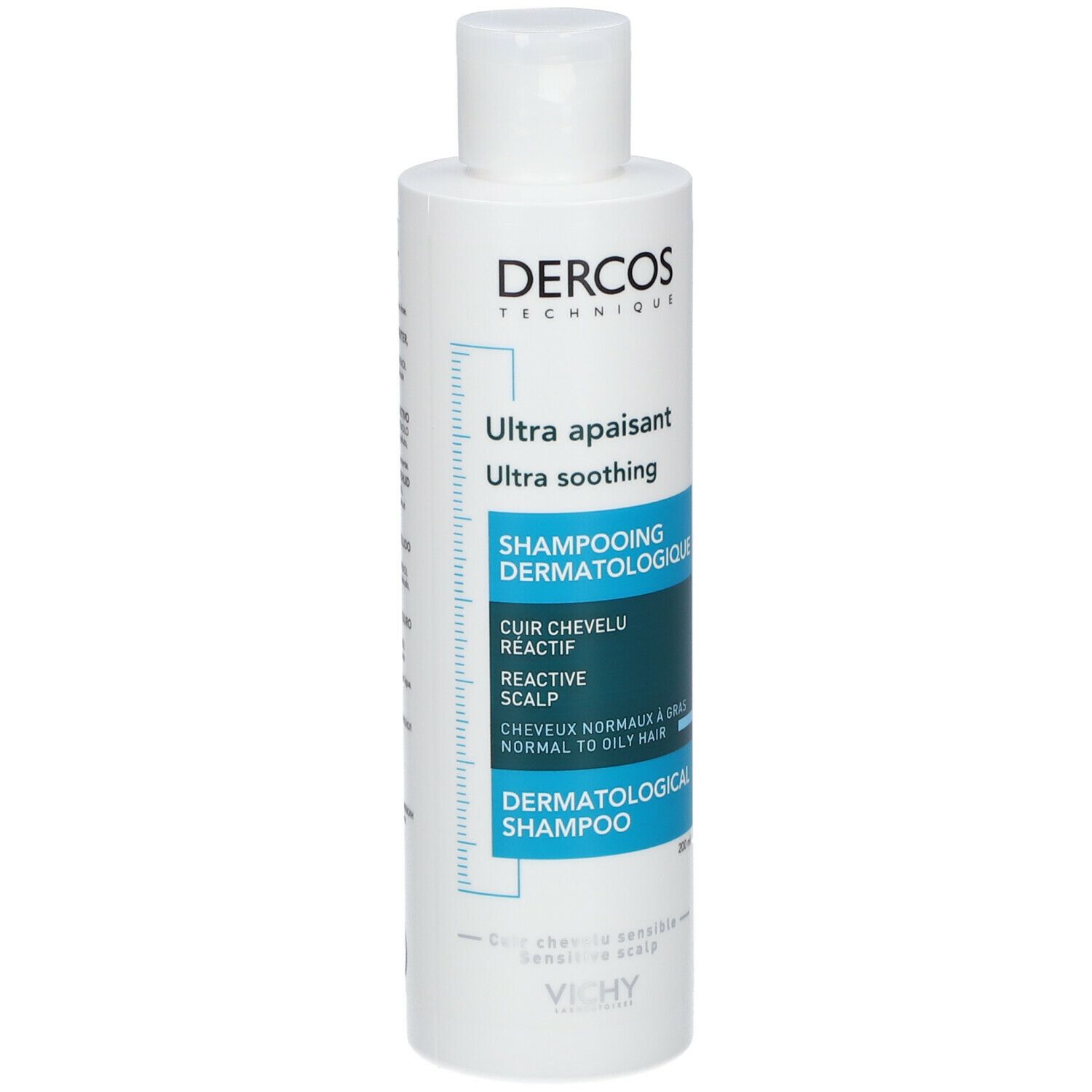 Weiße Flasche mit blau-grünen Etikett. Text: Dercos, Ultra apaisant, Shampooing dermatologique, 200ml.