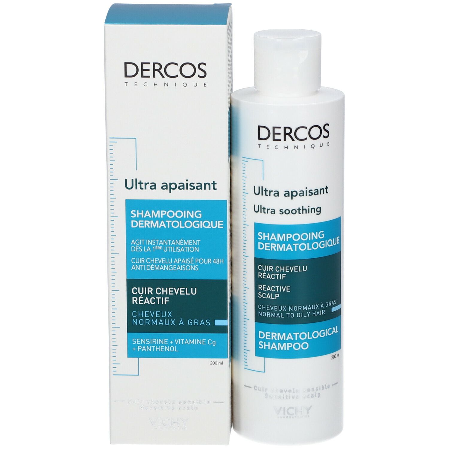 Produktverpackung: Flasche und Schachtel. Text: Dercos, Ultra apaisant, Shampooing dermatologique, 200ml.