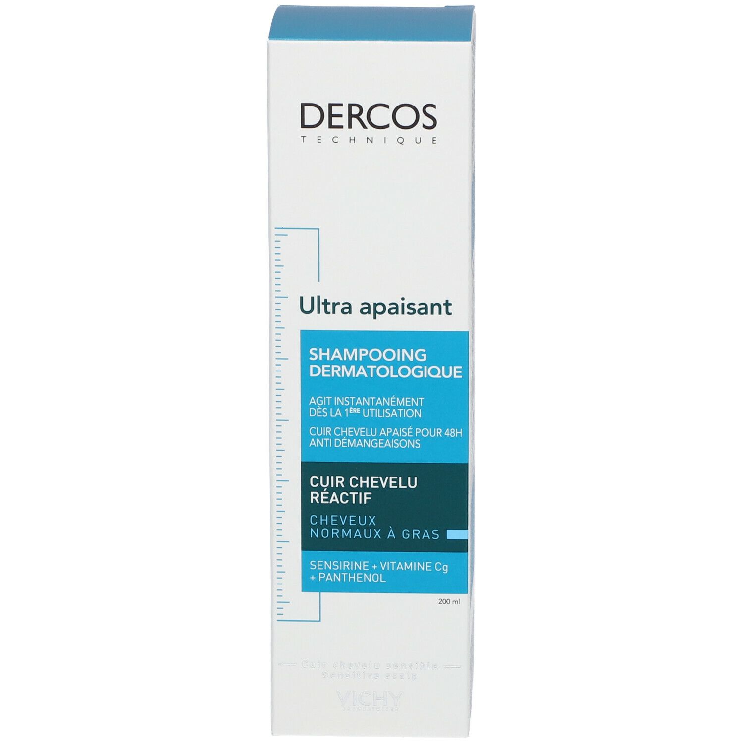 Weiße Schachtel mit blau-grünen Akzenten. Text: Dercos, Ultra apaisant, Shampooing dermatologique, 200ml.