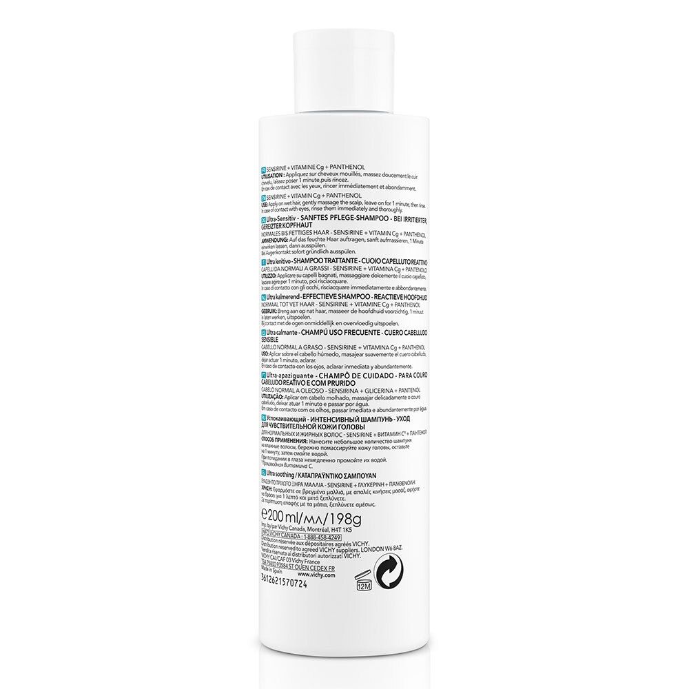 Rückseite der weißen Flasche. Text in mehreren Sprachen. Informationen zum Produkt und Hersteller.