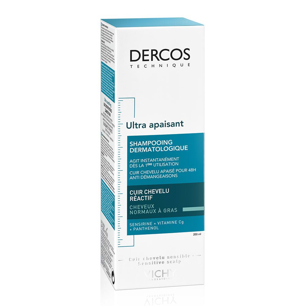 Weiße Schachtel mit blau-grünen Akzenten. Text: Dercos, Ultra apaisant, Shampooing dermatologique, 200ml.