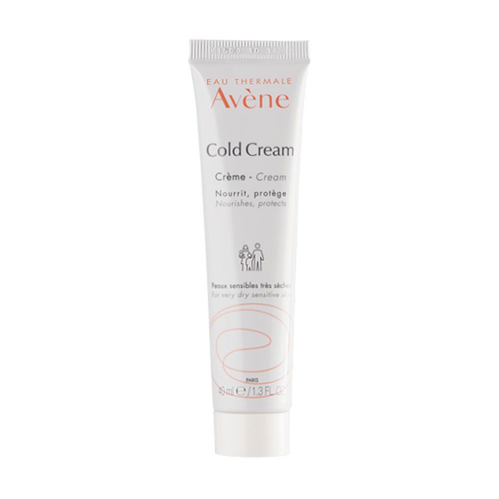 Crèmetube met 'Avène Cold Cream'. Voor droge, gevoelige huid. Witte tube met rode tekst.