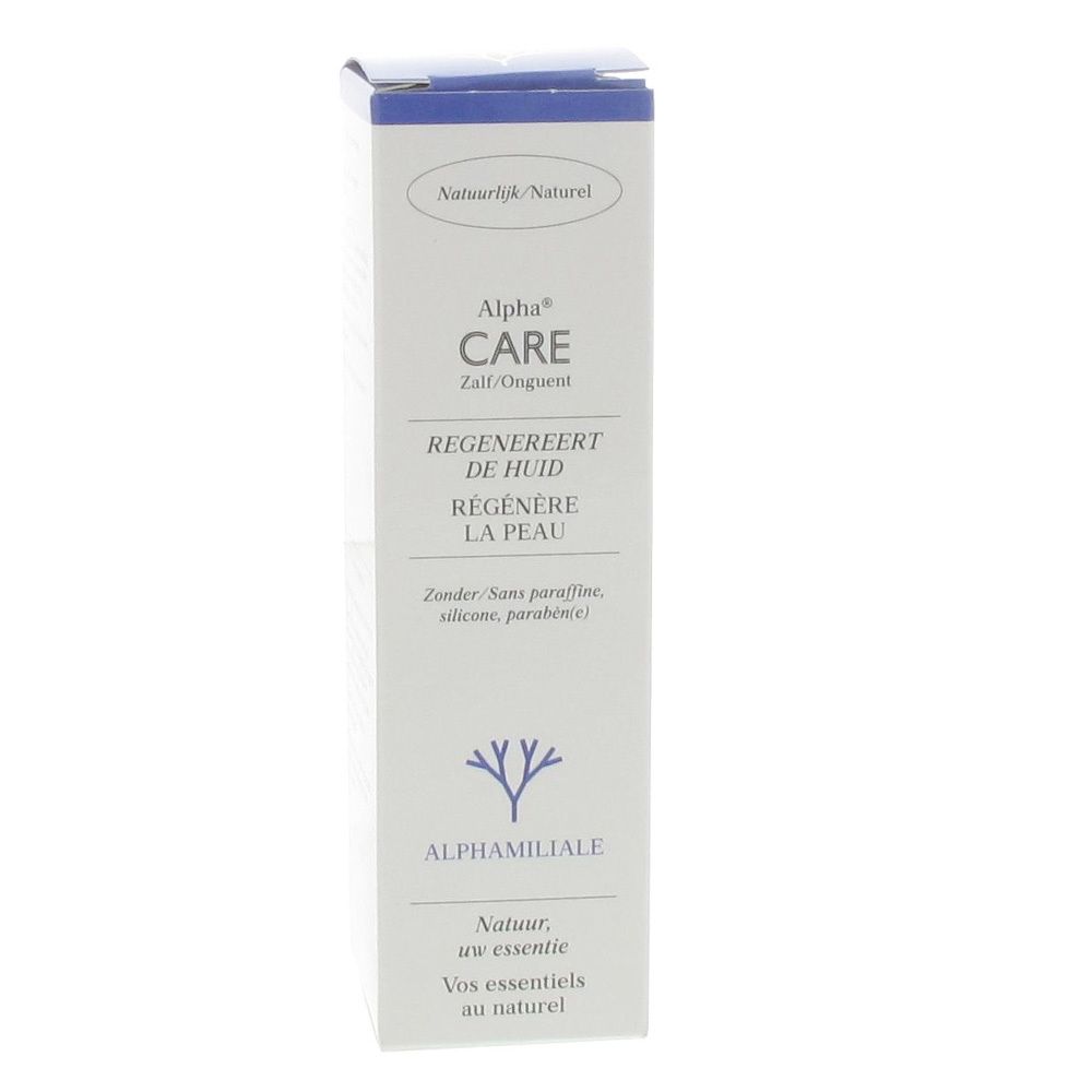Crèmetube en verpakking. Opschrift: Alpha Care, regenereert de huid. Wit, blauw en lichtblauw.
