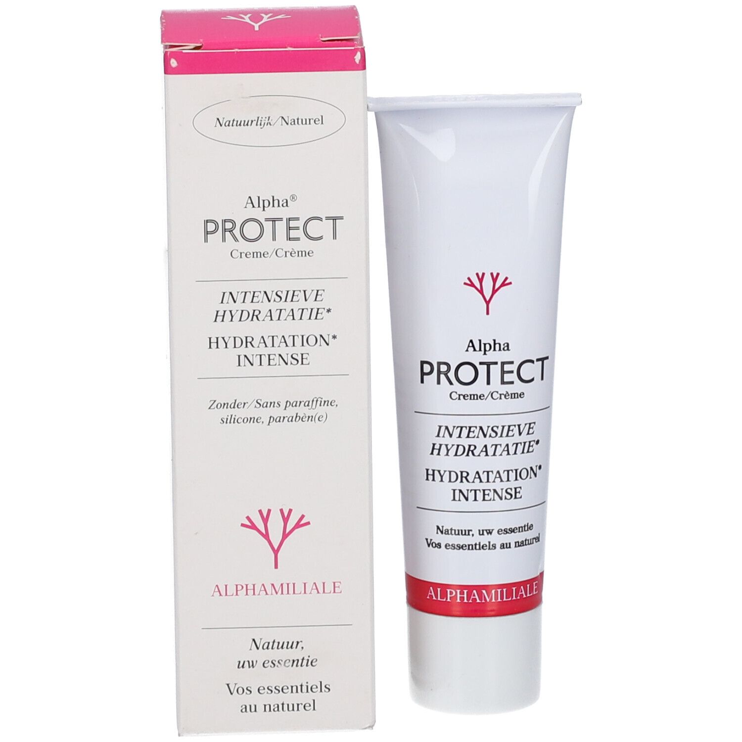 Produktverpackung mit Tube. Verpackung: Weiß mit rosa Akzenten. Aufschrift: Alpha PROTECT, Creme/Crème, INTENSIVE HYDRATATIE.