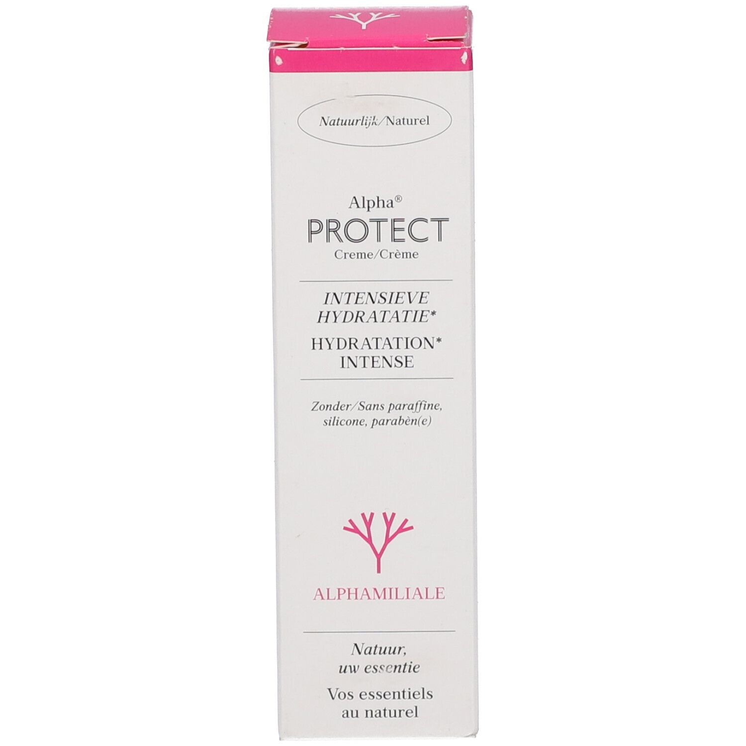 Produktverpackung. Weiß mit rosa Akzenten. Aufschrift: Alpha PROTECT, Creme/Crème, INTENSIVE HYDRATATIE, HYDRATATION INTENSE.