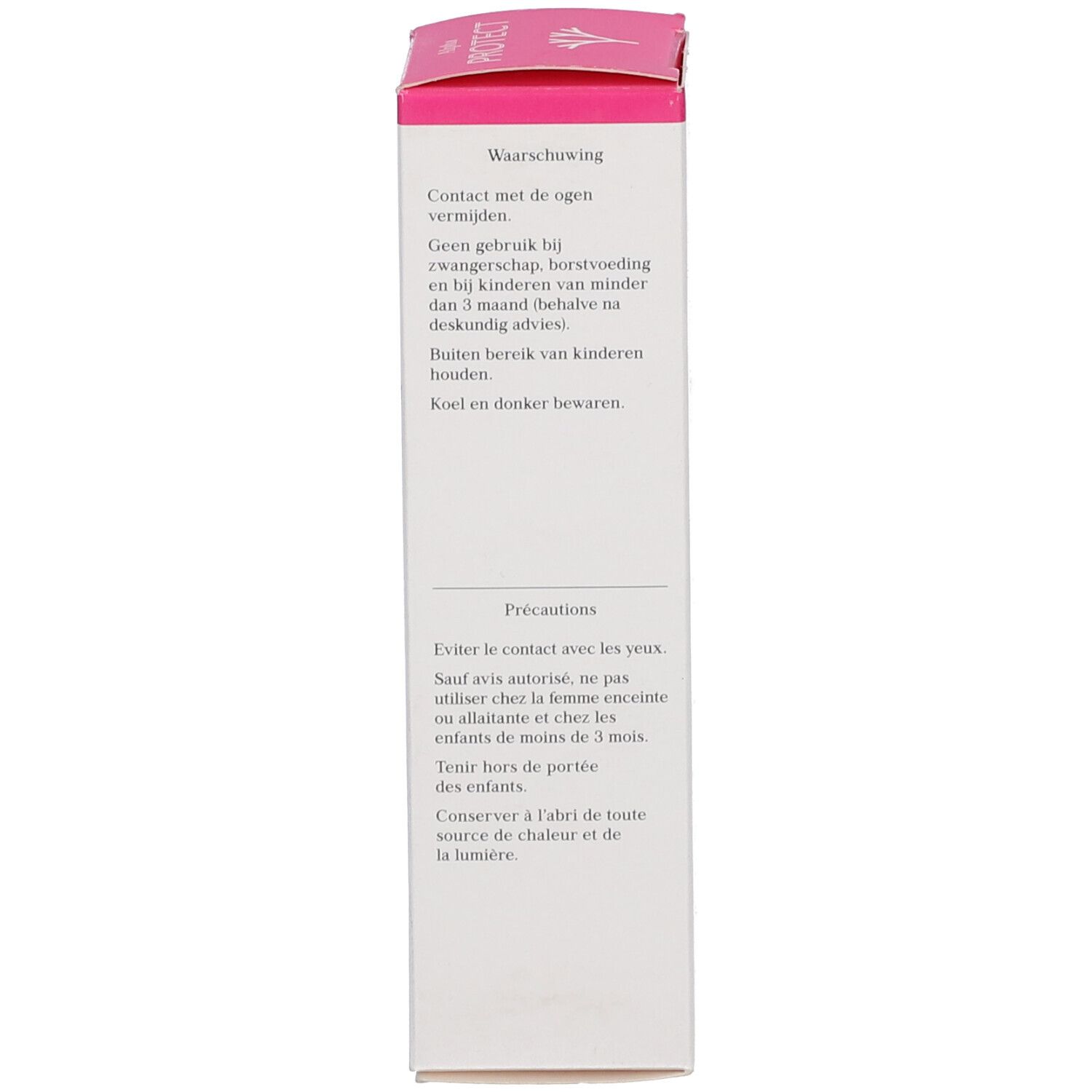 Produktverpackung. Seite mit Warnhinweisen. Text in Niederländisch und Französisch. Rosa Akzent.