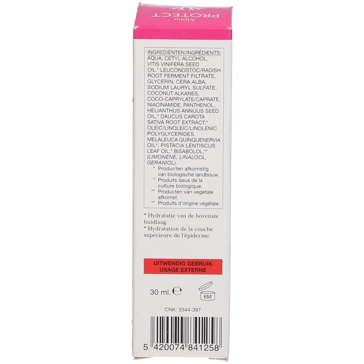 Produktverpackung. Seite mit Inhaltsstoffen und Volumenangabe: 30 ml. Text in Niederländisch und Französisch. Rosa Akzent.