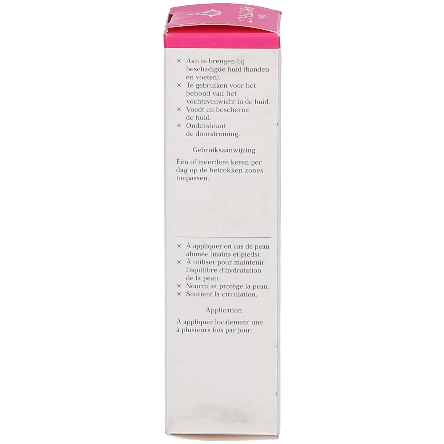 Produktverpackung. Seite mit Anwendungshinweisen. Text in Niederländisch und Französisch. Rosa Akzent.