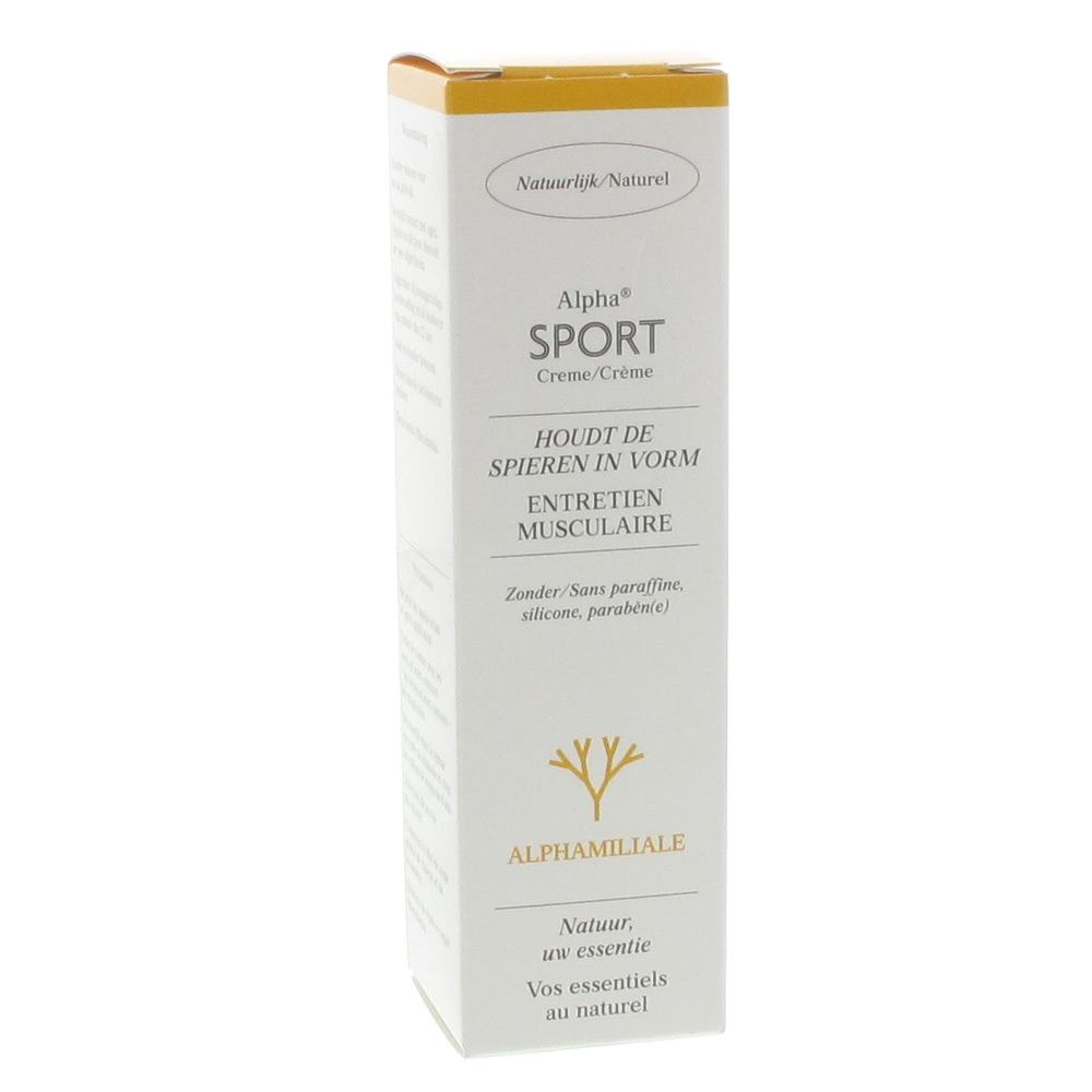 Witte doos met gele deksel. Opschrift: Alpha Sport Crème/Crème. Tekst in het Nederlands en Frans. Logo: boom.