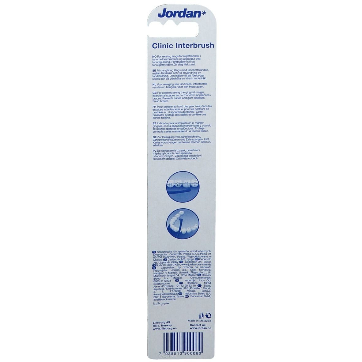 Achterkant van de interdentale borstelverpakking. Productnaam, gebruiksaanwijzingen in meerdere talen.