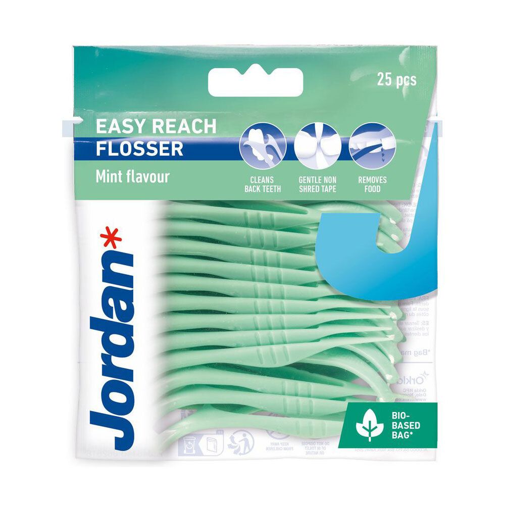 Verpackung mit Zahnseide-Flossern. Grünliche Flosser in einer transparenten Tüte. Aufschrift: Easy Reach Flosser, 25 Stück, Cool Mint.