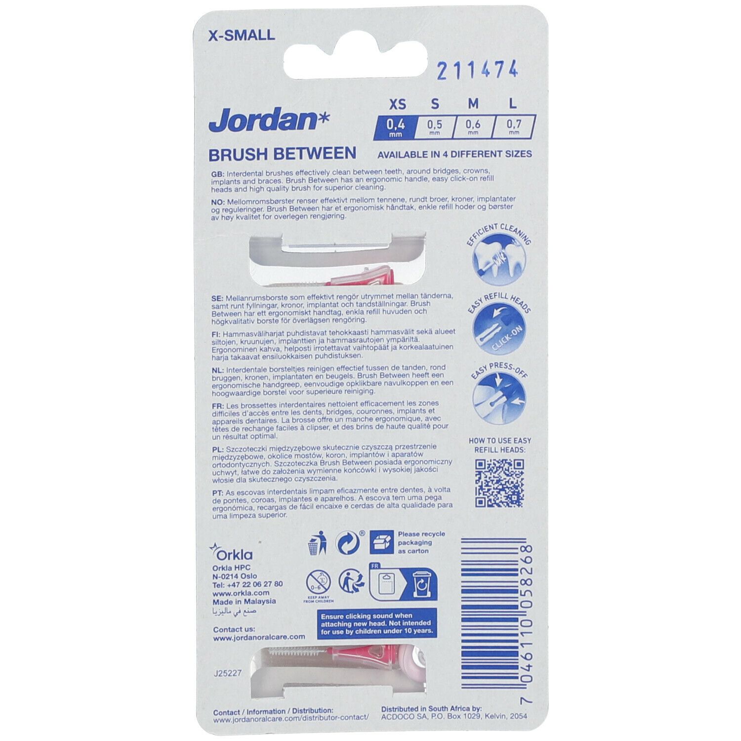 Dos de l'emballage blister. Texte multilingue. Logo "Jordan". Illustrations "Easy Refill Heads".