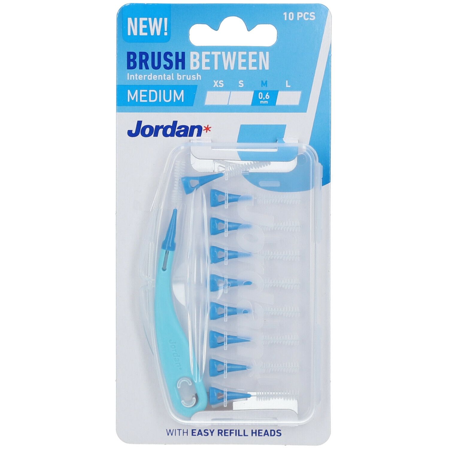 Brosse interdentaire bleue dans un emballage. Inscription "Brush Between" et "Jordan". 10 pièces.