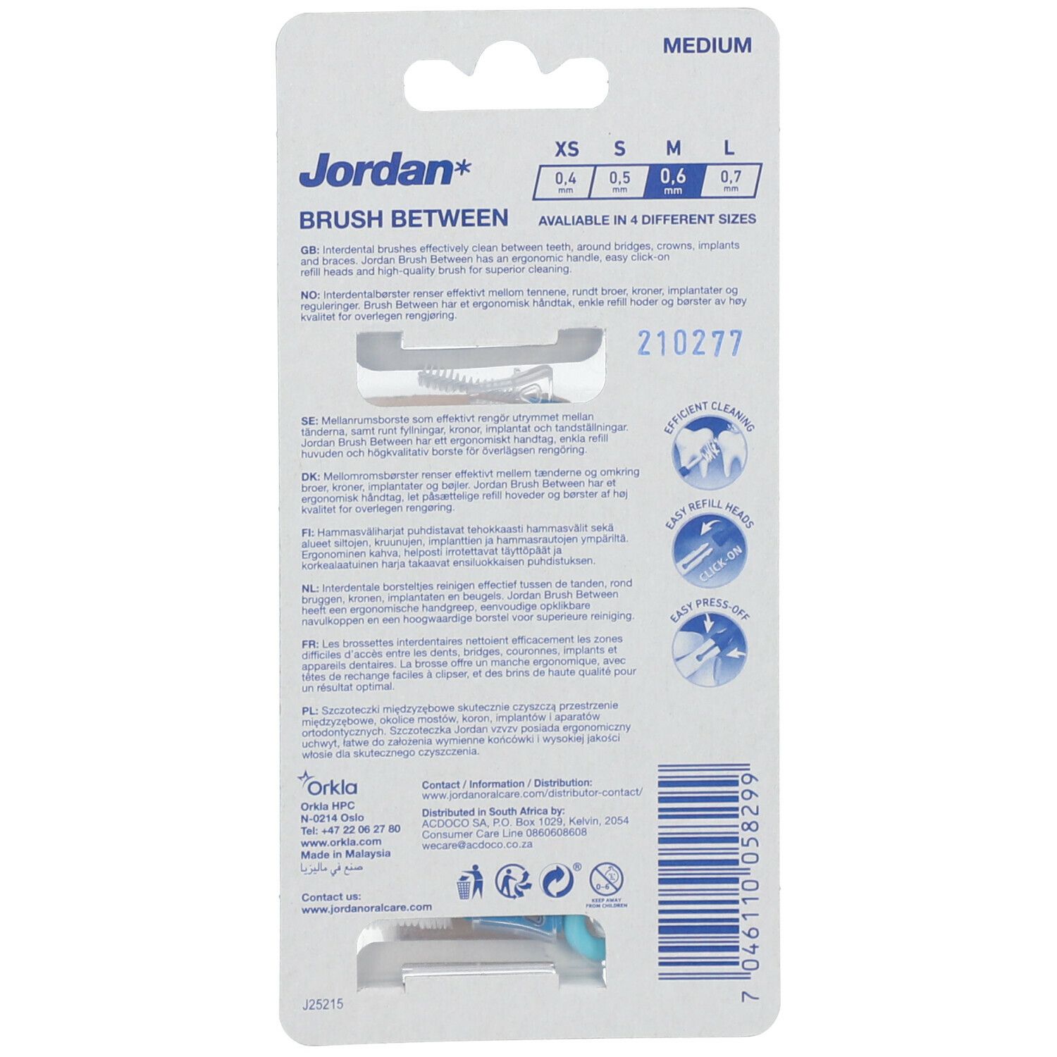 Dos de l'emballage avec informations produit. Inscription "Brush Between" et "Jordan". Indications de tailles.