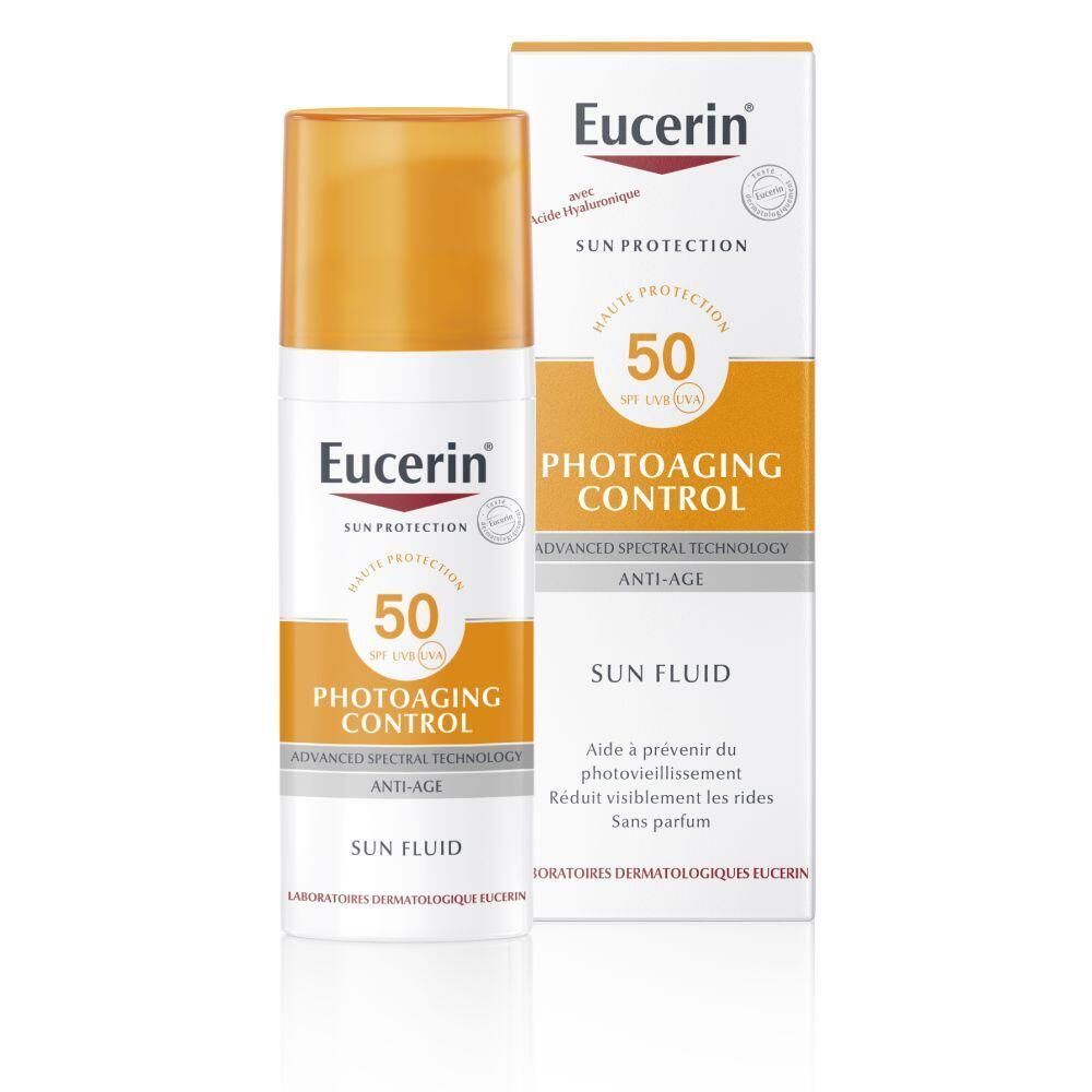 Eucerin Photoageing Control Sun Fluid SPF 50. Flacon blanc, bouchon orange et emballage. Texte: Sun Protection, Photoageing Control.