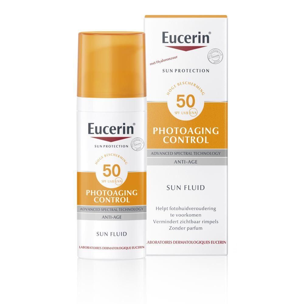 Eucerin Photoageing Control Sun Fluid SPF 50. Witte fles, oranje dop en verpakking. Tekst: Sun Protection, Photoageing Control.