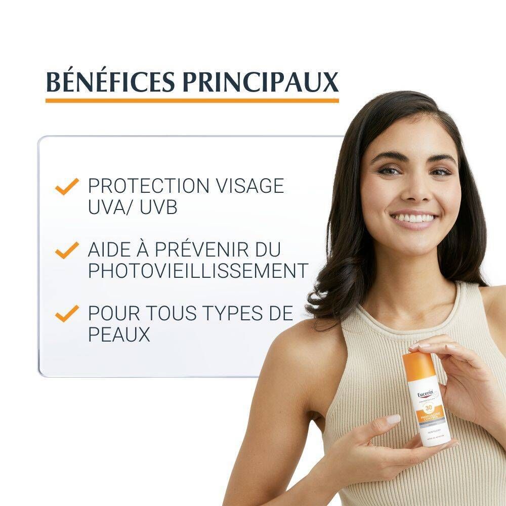 Femme tenant Eucerin Photoageing Control Sun Fluid. Texte: Protection visage UVA/UVB, Aide à prévenir du photovieillissement, Pour tous types de peaux.