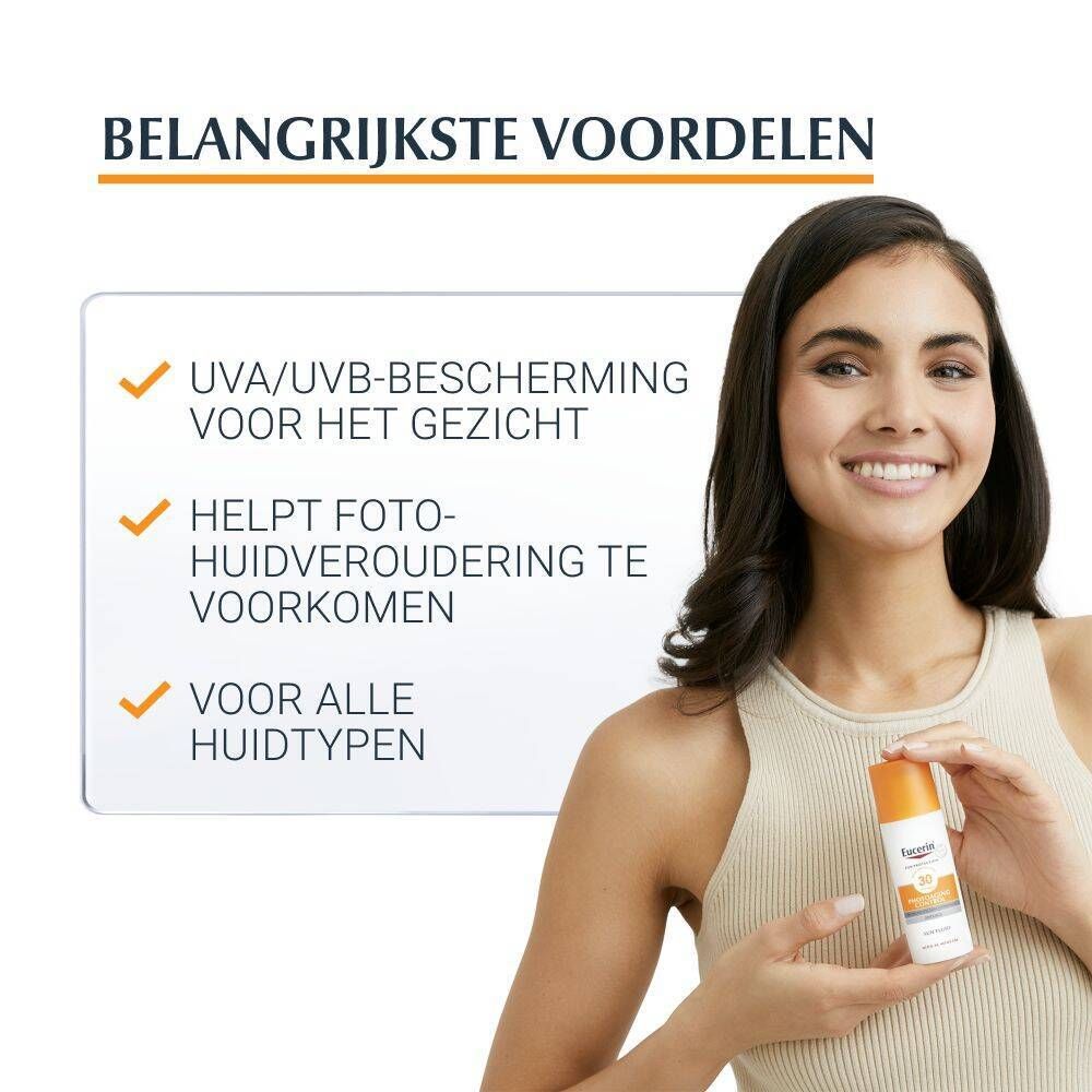 Vrouw houdt Eucerin Photoageing Control Sun Fluid vast. Tekst: UVA/UVB-bescherming voor het gezicht, Helpt huidveroudering te voorkomen, Voor alle huidtypen.