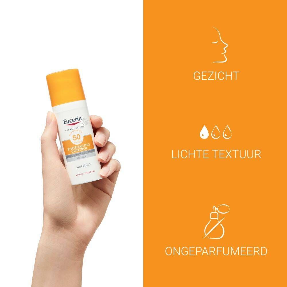 Hand houdt Eucerin Photoageing Control Sun Fluid vast. Tekst: Gezicht, Lichte textuur, Ongeparfumeerd.