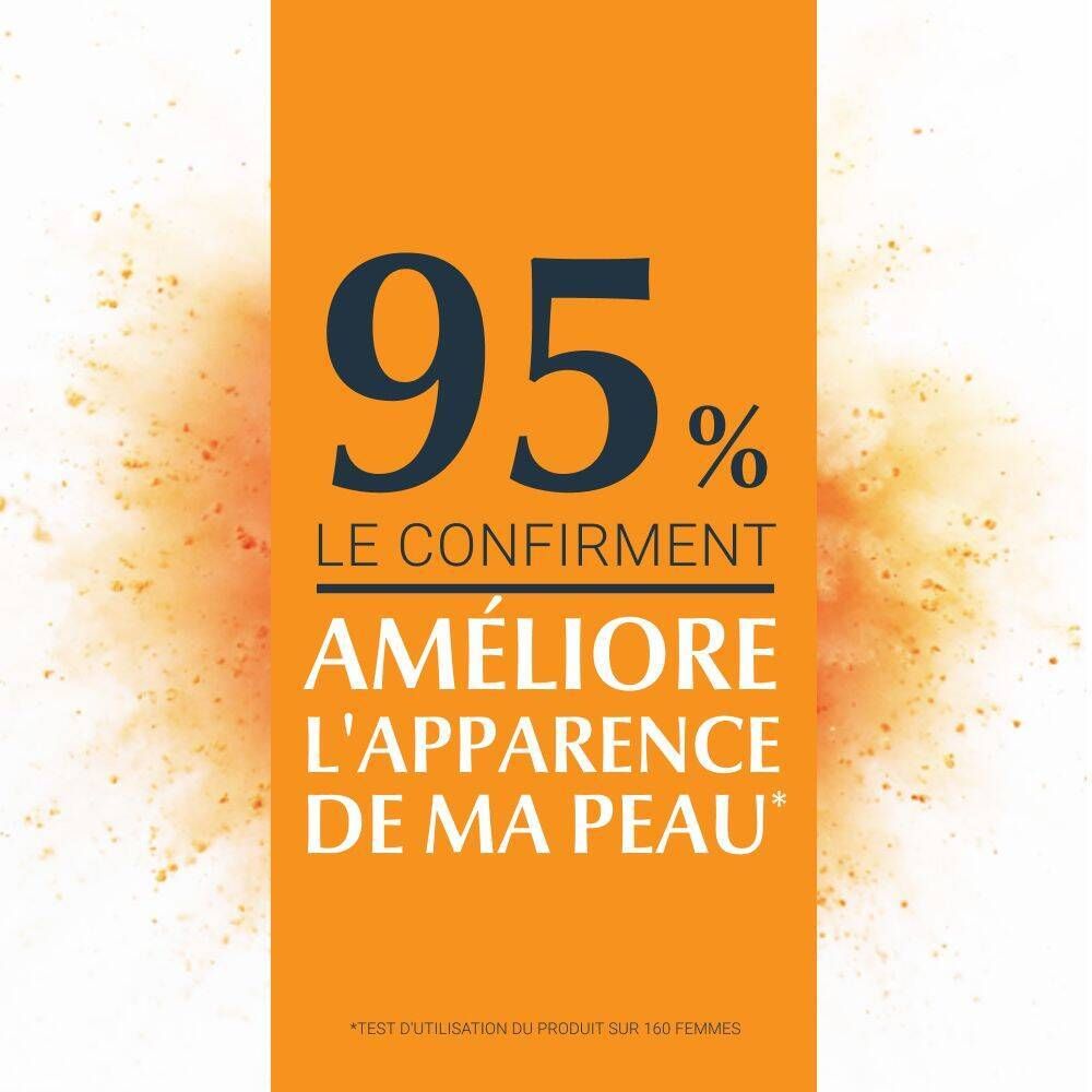 Texte: 95% confirment l'amélioration de l'apparence de la peau. Test sur 160 femmes.