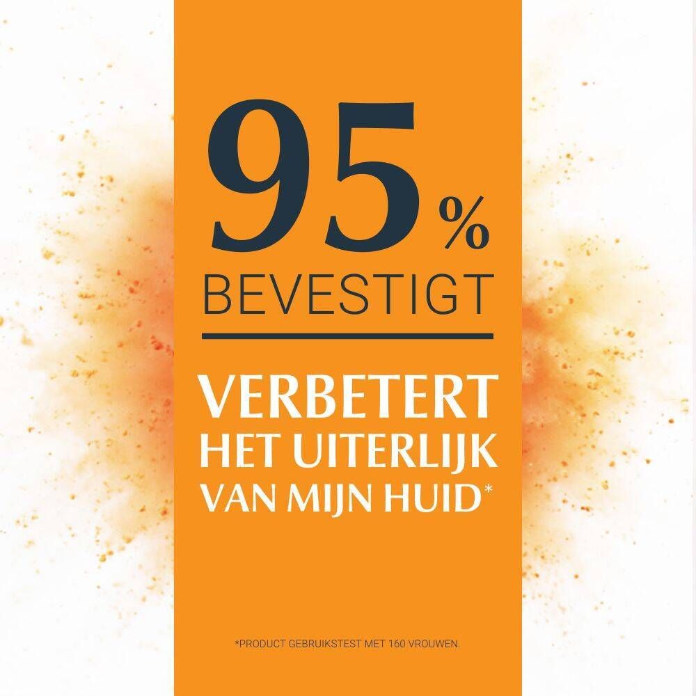 Tekst: 95% bevestigen verbetering van de huid. Test met 160 vrouwen.