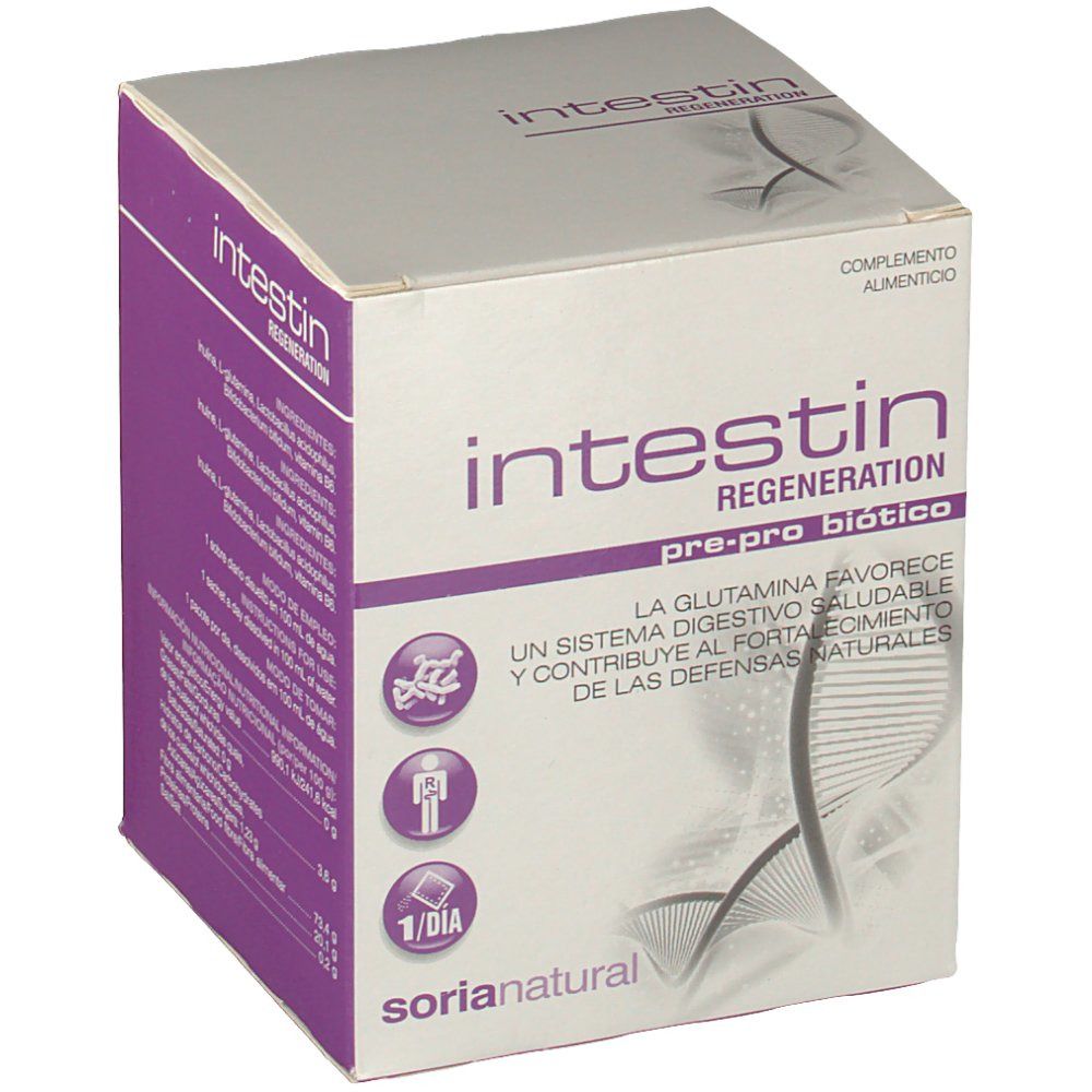 Kartonnen verpakking "Intestin Regeneration". Paarse en witte kleuren. Merk "Soria Natural". Bevat "pre-pro biotico".