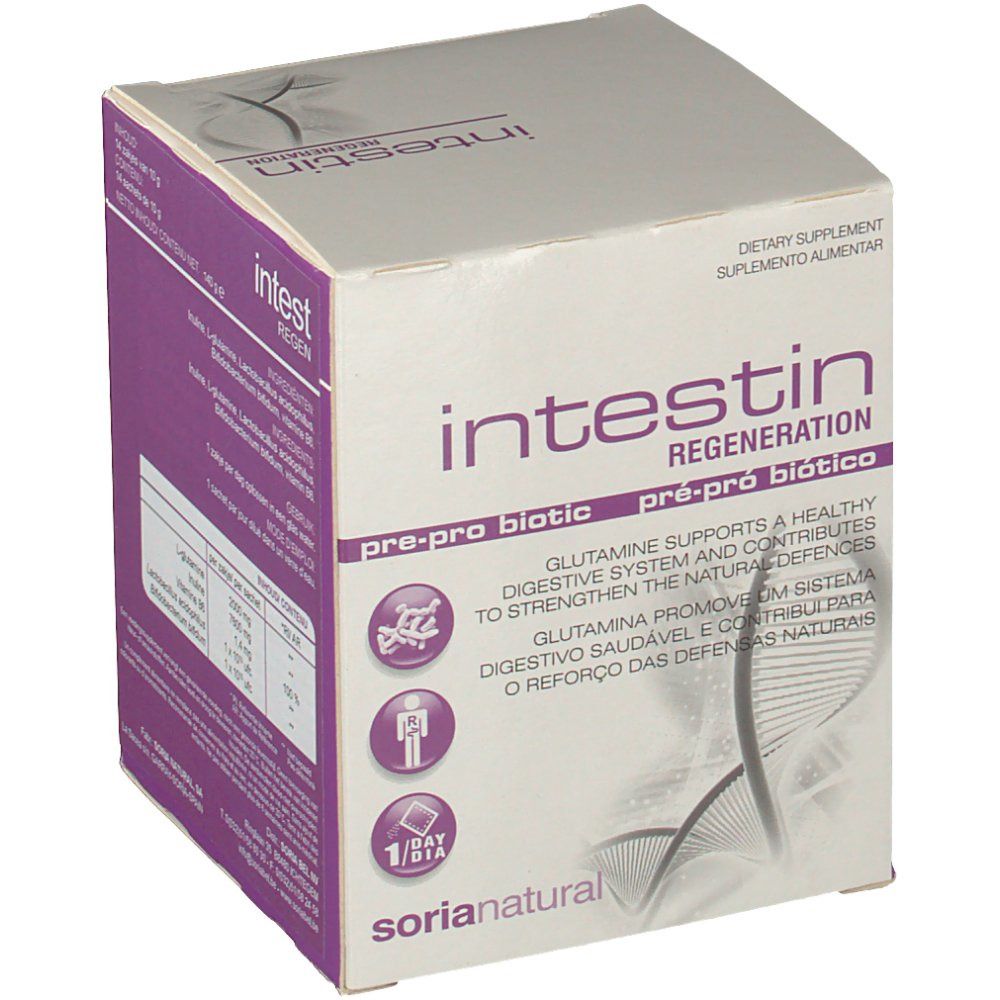 Kartonnen verpakking "Intestin Regeneration". Paarse en witte kleuren. Merk "Soria Natural". Bevat "pre-pro biotico".