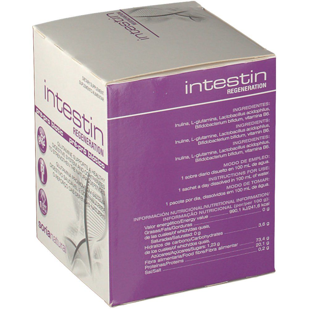 Verpakking met ingrediënten en voedingswaarde-informatie. Merk "Soria Natural". Bevat "Intestin Regeneration".