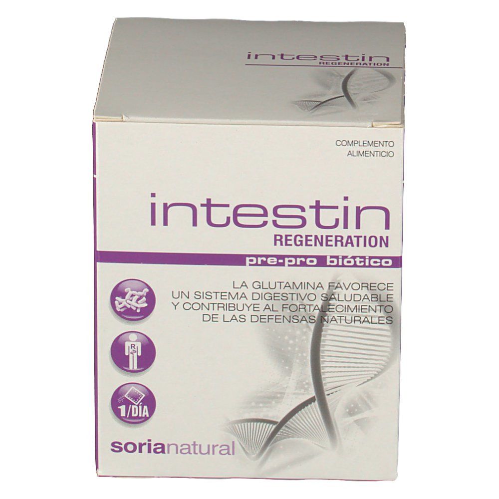 Kartonnen verpakking "Intestin Regeneration". Paarse en witte kleuren. Merk "Soria Natural". Bevat "pre-pro biotico".